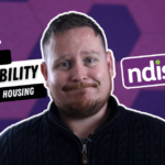 "Person explaining 'What is Disability Housing' with a purple geometric background, featuring bold text and the NDIS logo to represent accessible housing options for individuals with disabilities.