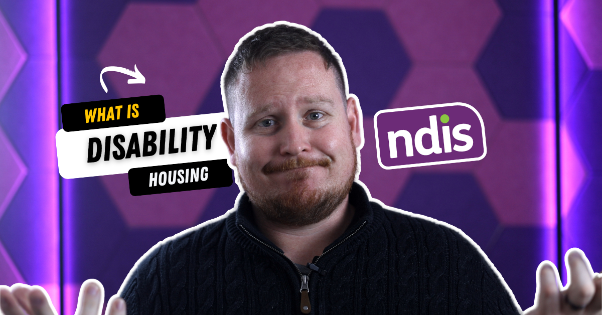 "Person explaining 'What is Disability Housing' with a purple geometric background, featuring bold text and the NDIS logo to represent accessible housing options for individuals with disabilities.